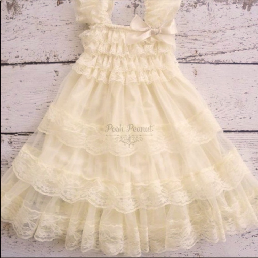 Posh Peanut lace dress gown tiered Ecru Beige 3T 4T 3 4 wedding photos